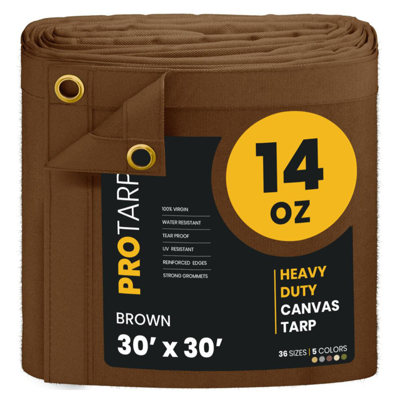 PROTARP Heavy Duty 14 OZ Water Resistant Canvas Tarp, UV Resistant Tarpaulin Cover with Rustproof Brass Grommets, Multipurpose for Canopy, Roof, Camping, Woodpile . (Brown )