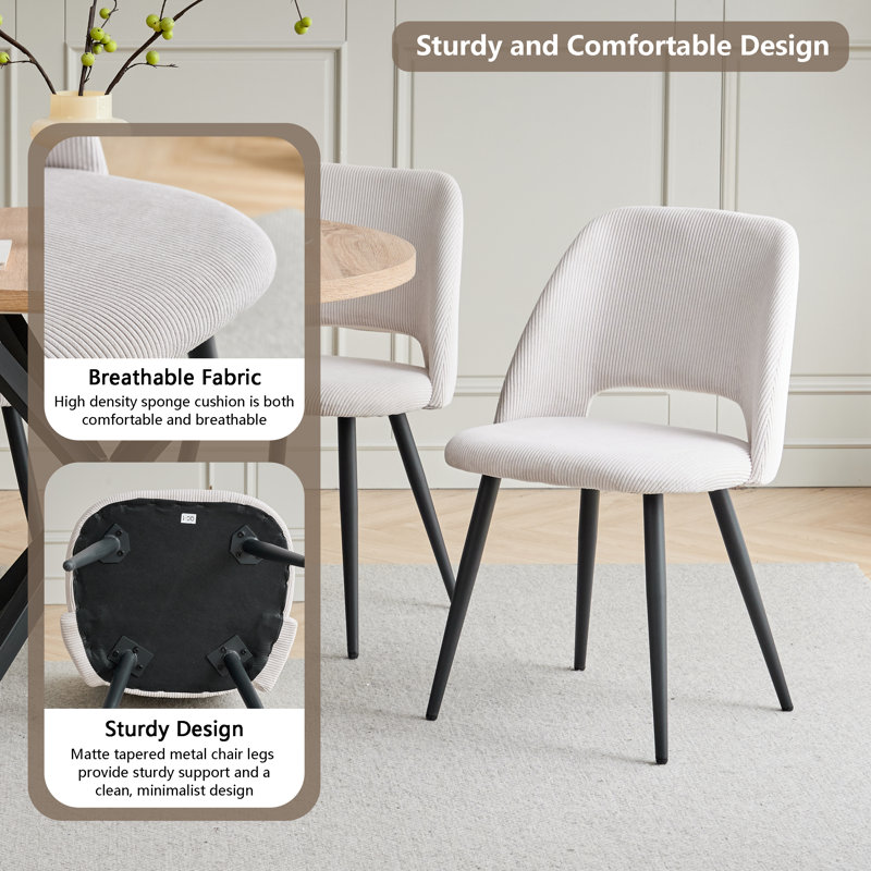 Modern Cutout Back Corduroy Upholstered Dining Chair, Kitchen Dining Accent Chair,Black Metal Legs, Beige, 4