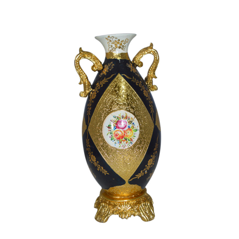 Vase de décoration Carreiro H 18 po bleu et or - Taille: L 7 po x l 9 po x H 18 po.