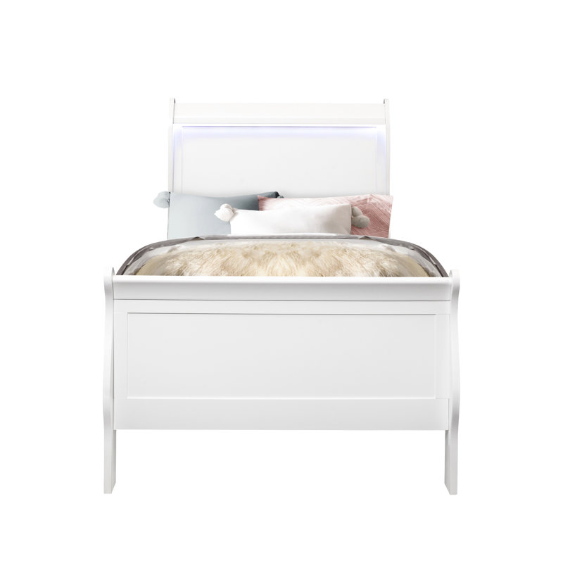 Lit simple blanc avec style, éclairage DEL, l 84,13 po Lit profond et profond en bois massif avec éclairage moderne en blanc