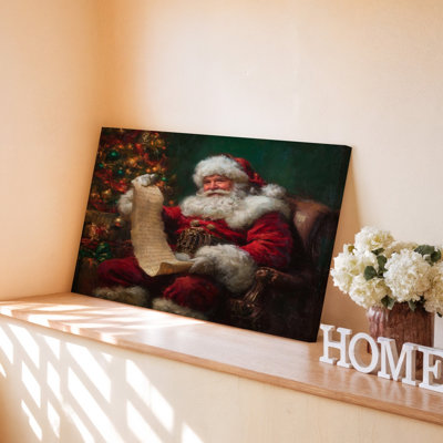 Santa Claus With Christmas List Festive Holiday Decor Canvas Wall Art Print For Living Room, Bedroom, Office, Hallway, Entryway, Gallery Wall And Mode