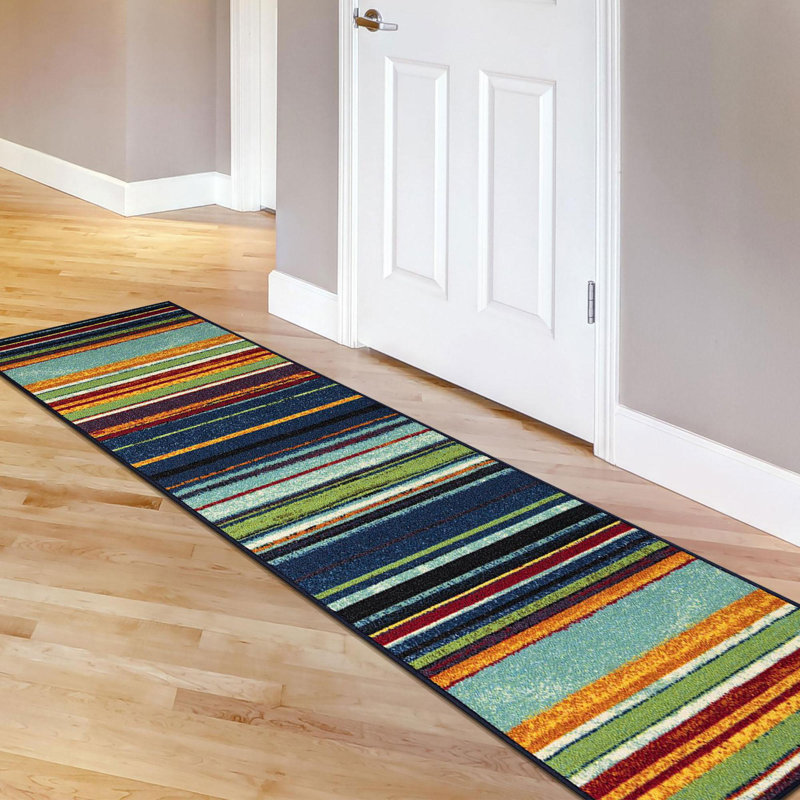 Multicolor Striped Non-Slip Synthetic Runner Rug, 2'7" x 9'10"