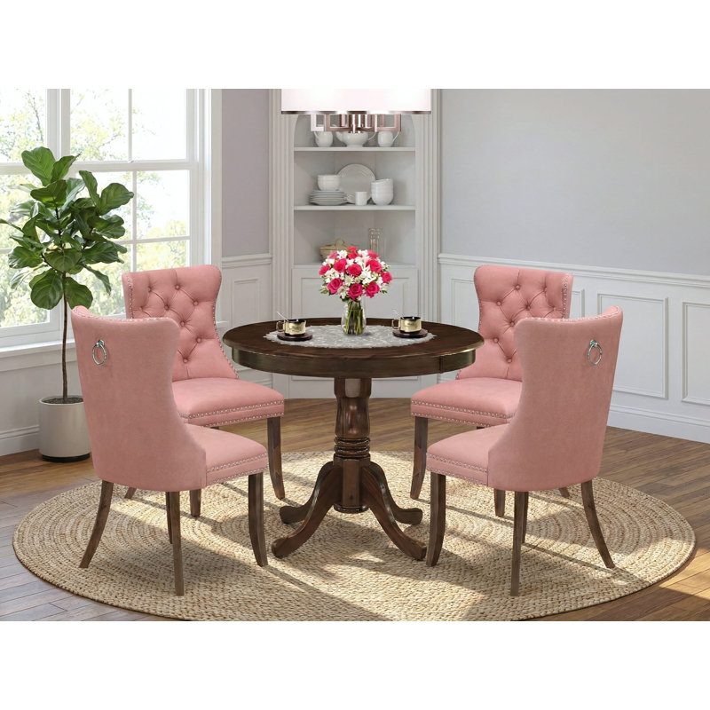 Ensemble de table à manger 5 pièces composé d'une table de salle à manger ronde avec piédestal et 4 chaises Parson, noyer antique