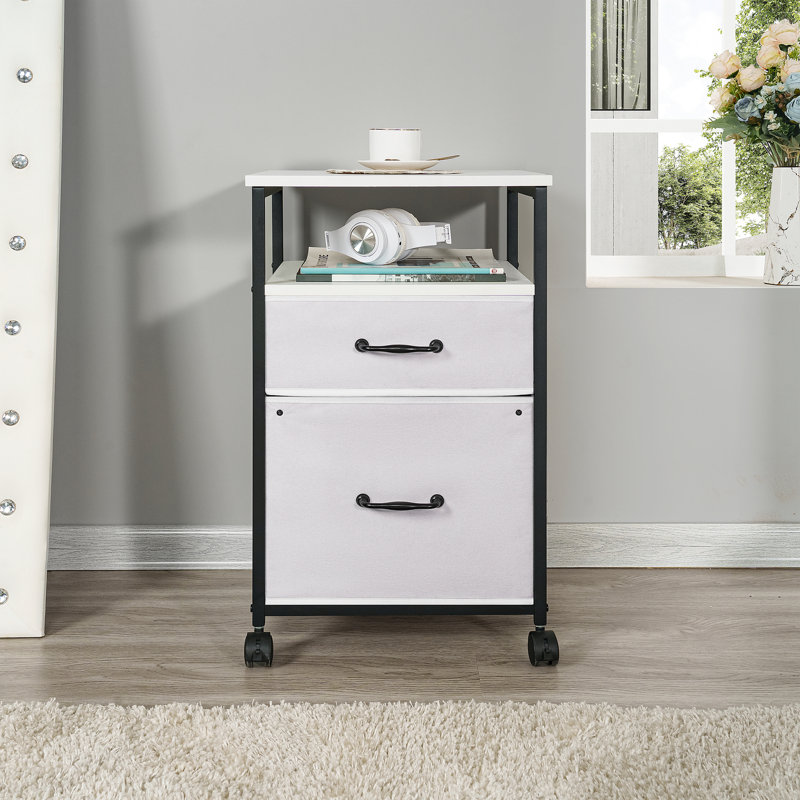 Fabric Storage Cabinet with 2 Drawers & Shelf, Filing Cabinet with Wheels, White