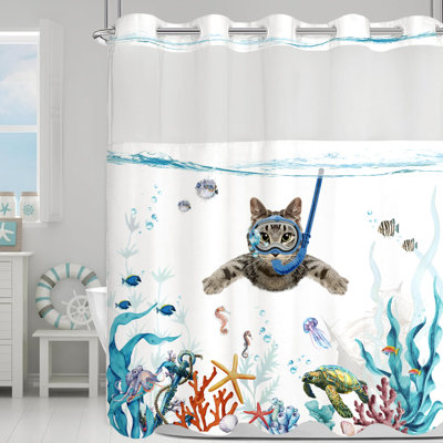 Funny Cat shower Curtain Sets Hookless Snorkeling Undersea Ocean 74"l X 71"w