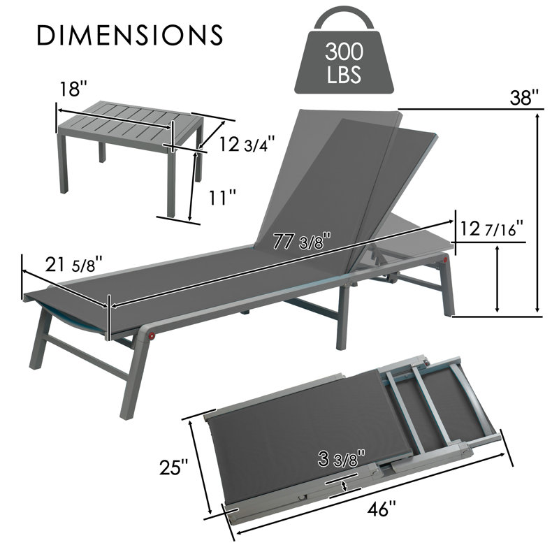 Ensemble de salon de patio 3 pièces Kozyard, 2 chaises longues d'extérieur pliables avec table d'appoint, chaises de patio à cadre en aluminium avec dossier réglable à 5 positions, tissu textilène respirant, aucun assemblage requis, inclinable et à plat pour la piscine, la plage et le patio gris