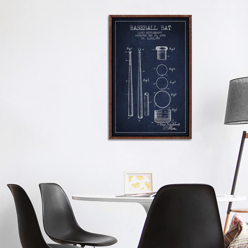 Baseball Bat Navy Blue Patent Blueprint 1 Piece Wall Art on Canvas, 101.6 cm H x 66.04 cm W, Classic Wood Framed