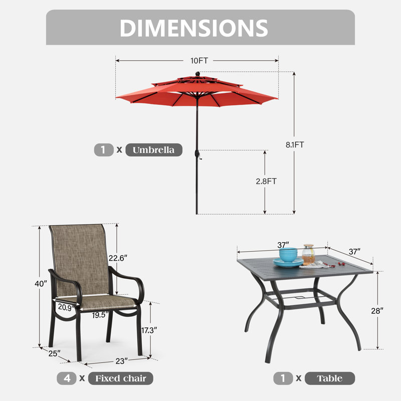 Ensemble de table de salle à manger d'extérieur 4 places avec parasol 4 places, Rouge, Yes