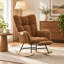Fauteuil à bascule à oreilles brun avec repose-pieds, chaise haute en tissu Teddy avec poche latérale, base en bois massif