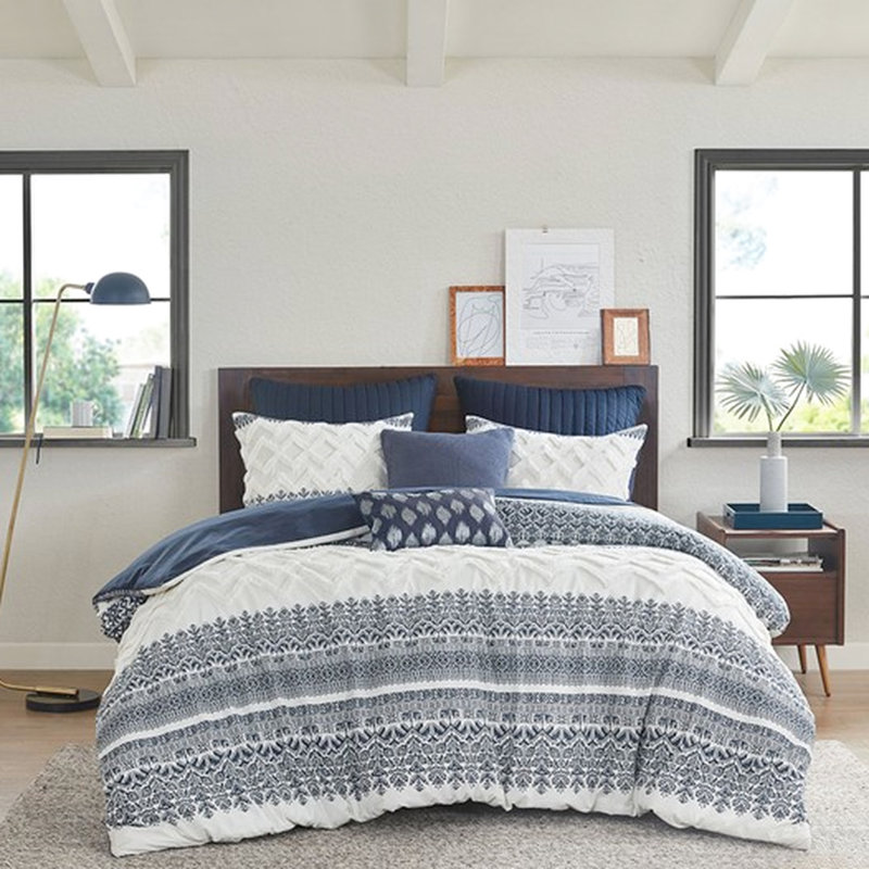 Housse de couette très grand / très grand - coton avec capitonnage en chenille, bleu marine, envers uni, housse de couette lavable à la machine, imprimé multicolore,