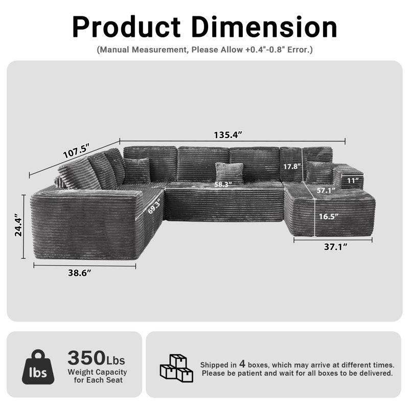 4-Piece Modular Sectional Floor Sofa In Plush Corduroy, No Assembly Needed, Cloud Couch For Living Room, Right Hand Facing