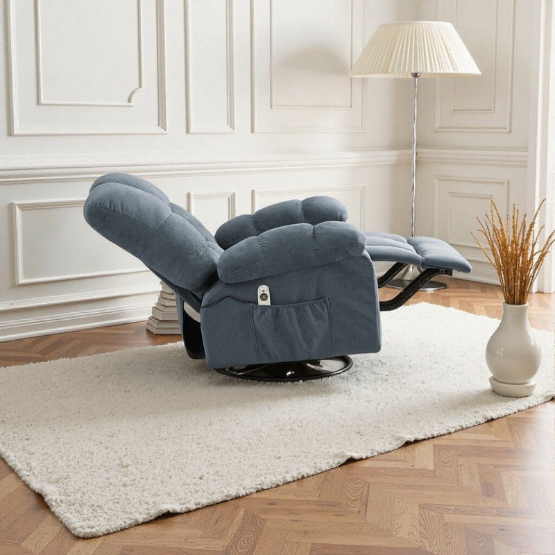 Fauteuil inclinable pivotant surdimensionné avec massage par vibration, chauffage lombaire et chargeur USB, Bleu