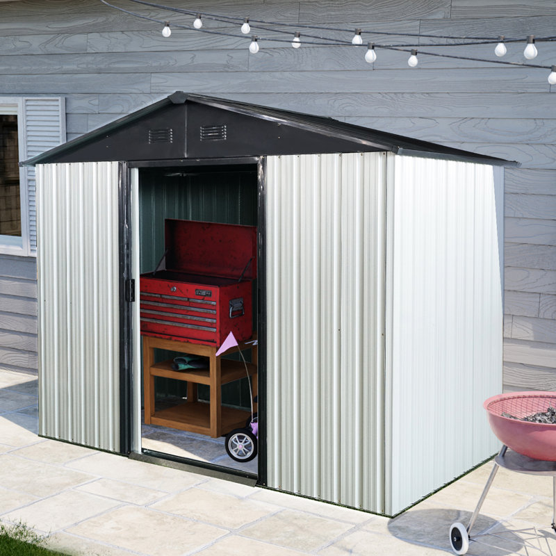 8X4 Ft Outdoor Metal Shed In White And Black. For Storage. Stores Lawn Mower Bicycle. Tilted Roof & Lockable Door. Ventilated Design. Includes Foundation, Anchors, Hooks, Shelf, Lock Gloves Storage