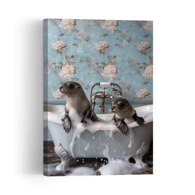 Baby Seals Bubble Bath Playful Vintage Animal Architecture Wall Art Print 1 Piece Wrapped Canvas Wall Art