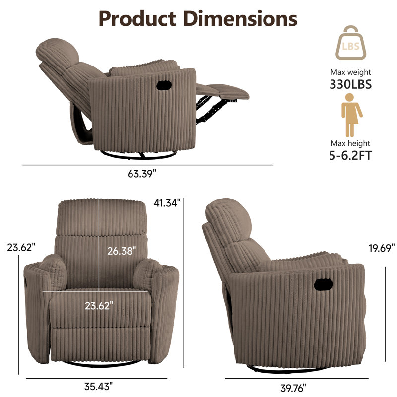 35.43'' Wide Manual Recliner Chair Swivel Rocker Glider Recliner, Nursery Glider Recliner, Corduroy Nursery Recliner Chair For Living Room-Brown