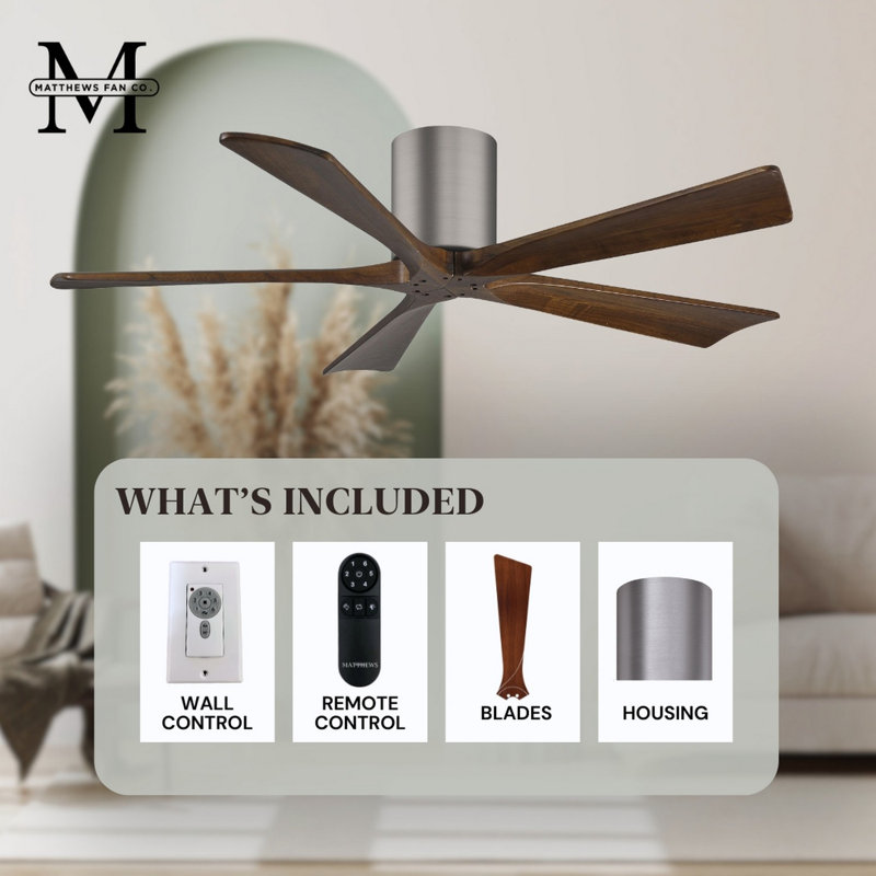 60" Irene 5-Blade Hugger Ceiling Fan with Wall Remote, Brushed Pewter, Walnut Tone, 52"