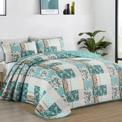 Ensemble de courtepointe à carreaux en patchwork 3 pièces, couvre-lit floral en microfibre légère et légère pour toutes les saisons