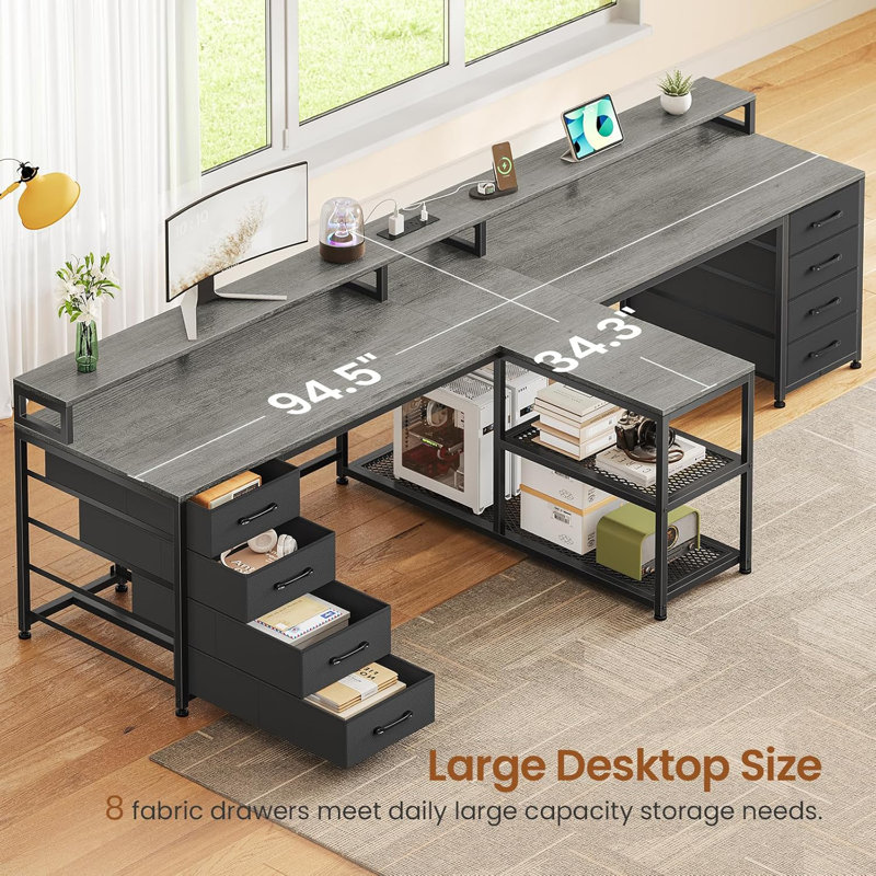94.5" 2 Person Gaming Desk, Long Office Computer Desk With 8 Drawers & Led Lights, Gray