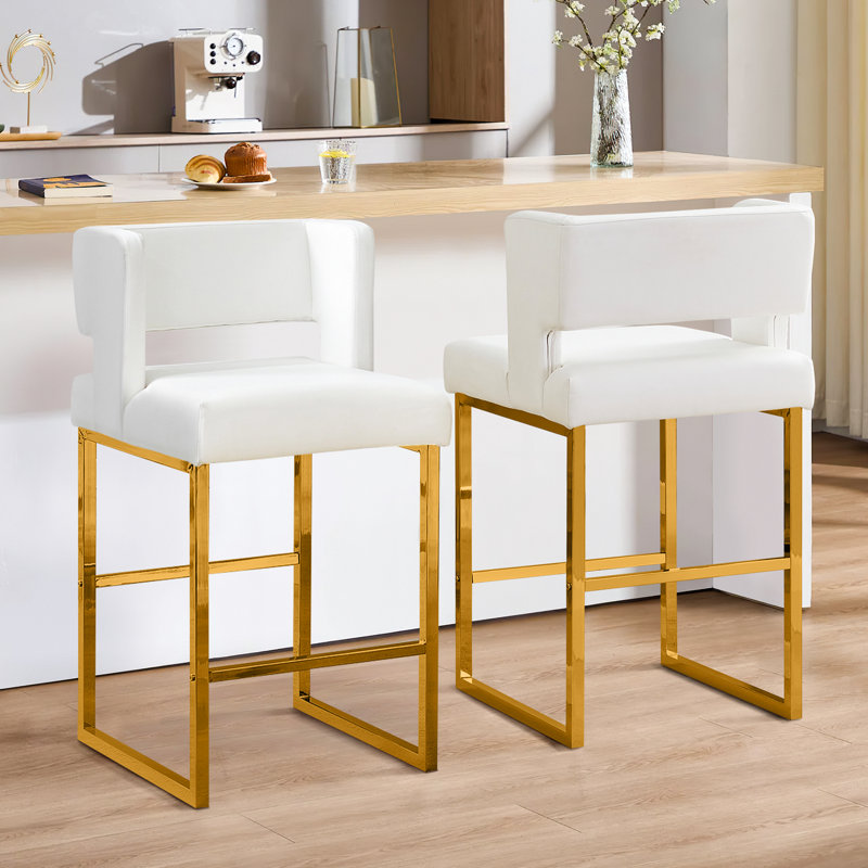Upholstered Counter Stool with Metal Frame (Set of 2), White, Gold