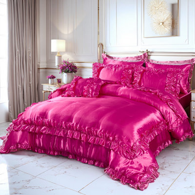 Hot Pink Polyester Comforter Set King Size Hot Pink Ruffle Comforter Set 8 Pieces Bed in a Bag Farmhouse Rose Pink Ruffle Design Polyester Fabric Luxurious Silk Like Satin Bedding Set