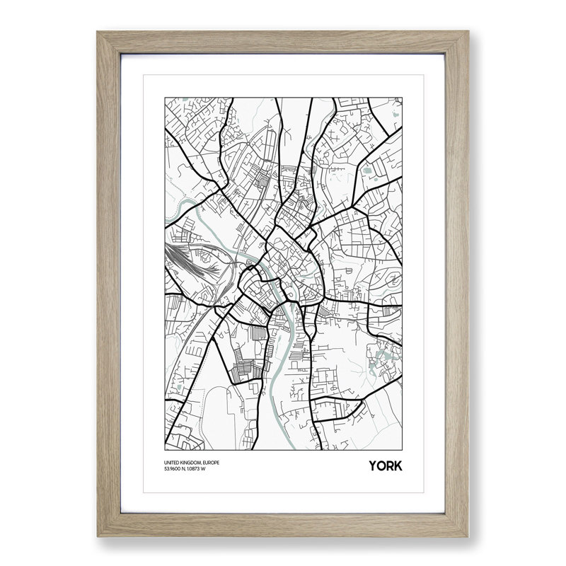 Map York UK - Picture Frame Graphic Art, 48cm H x 36cm W x 2cm D, Oak