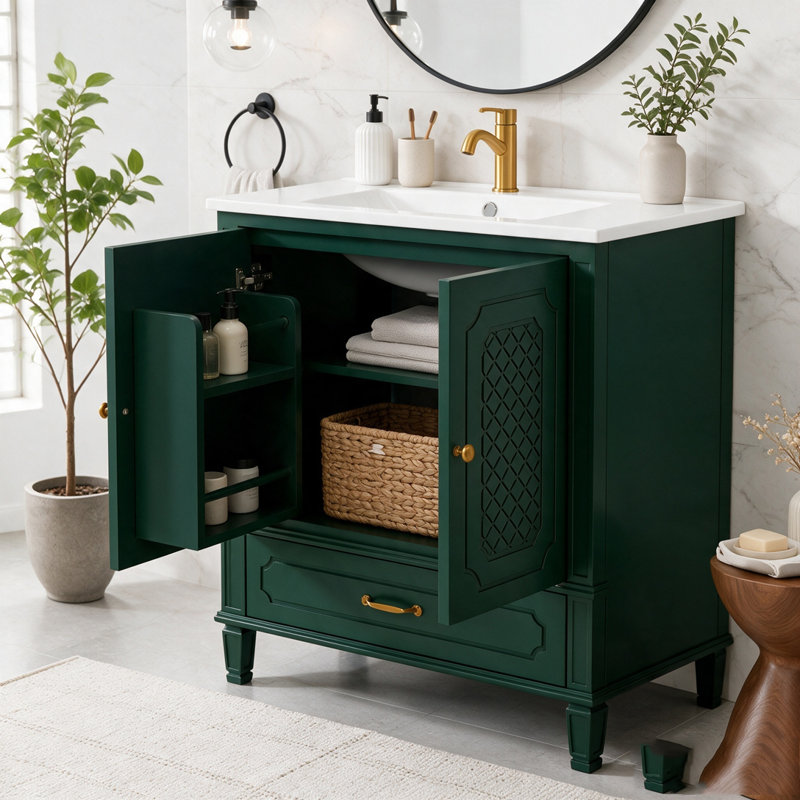 Meuble-lavabo de salle de bain avec lavabo style rétro, Vert ensemble de 2