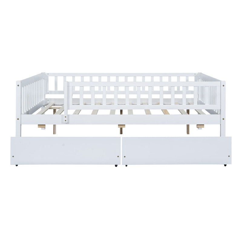 Lit de jour double avec deux tiroirs, cadre de lit double en bois pour enfants avec rangement et rails, aucun sommier nécessaire, assemblage facile (blanc)