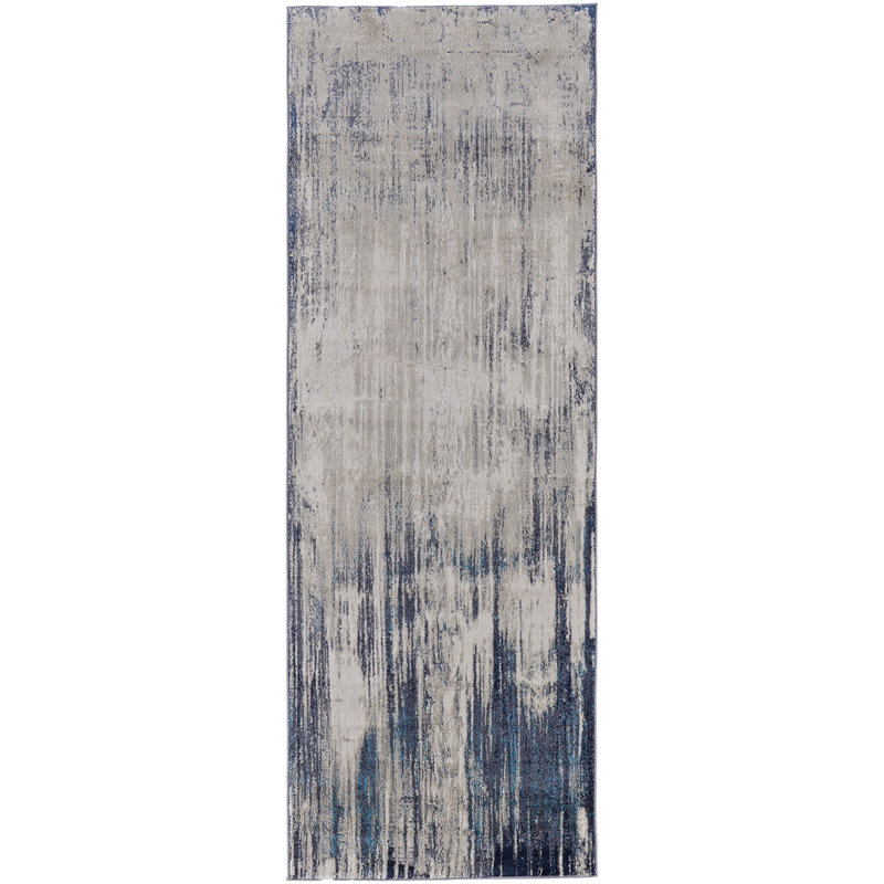 Tapis abstrait en polyester tissé à la machine en brun clair / bleu / ivoire, Tapis de couloir 2 pi 10 po x 7 pi 10 po