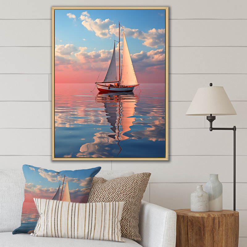 Voilier, tranquillité, pastel, coucher de soleil, réflexion sur toile, H 32 po x l 24 po, Cadre naturel flottant