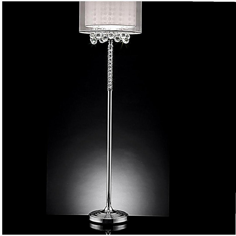 Lampe sur pied de 62,5 po de hauteur, «Moiselle», décoration argentée et cristal, abat-jour argenté