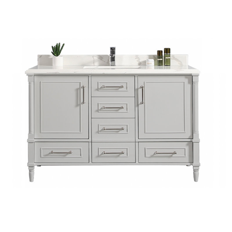 Ensemble de meuble-lavabo simple 60 po Flavell, Calacatta, bordure double ogee, Gris Coventry