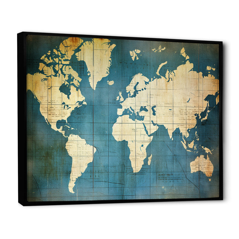 Ancienne carte du monde VI, reproduction d'art sur toile, 12" H x 20" W, Cadre flottant noir