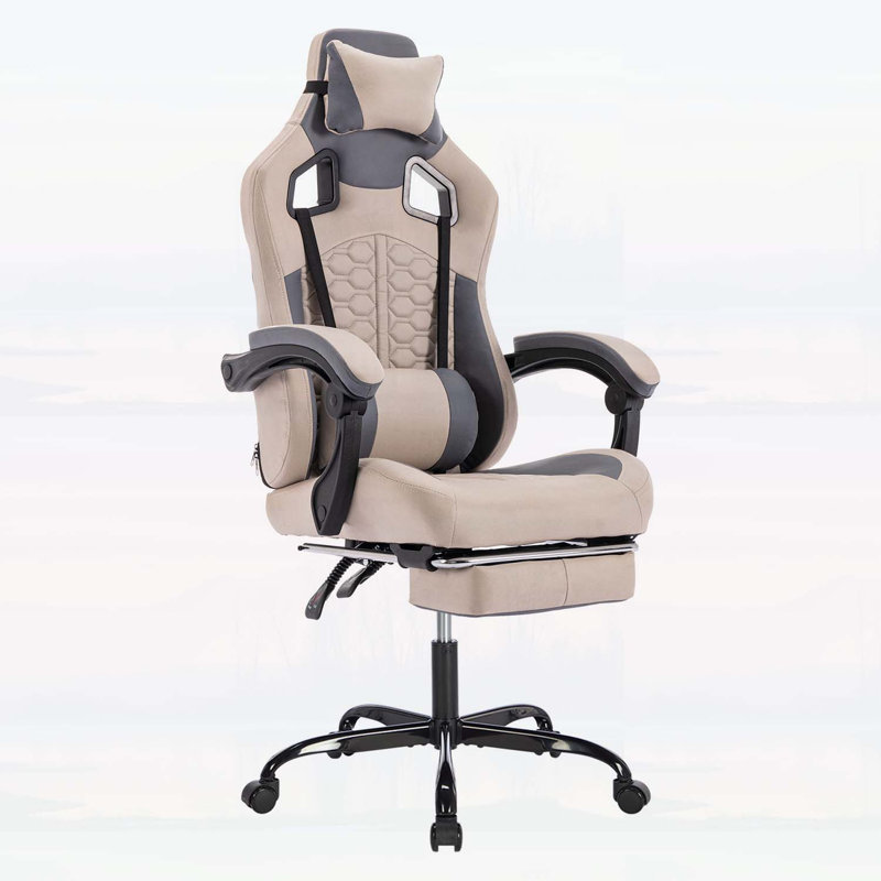 Fauteuil de jeu ergonomique pour PC avec massage, repose-pieds, appui-tête et soutien lombaire, cuir PVC à haut dossier, 300 lb (gris)