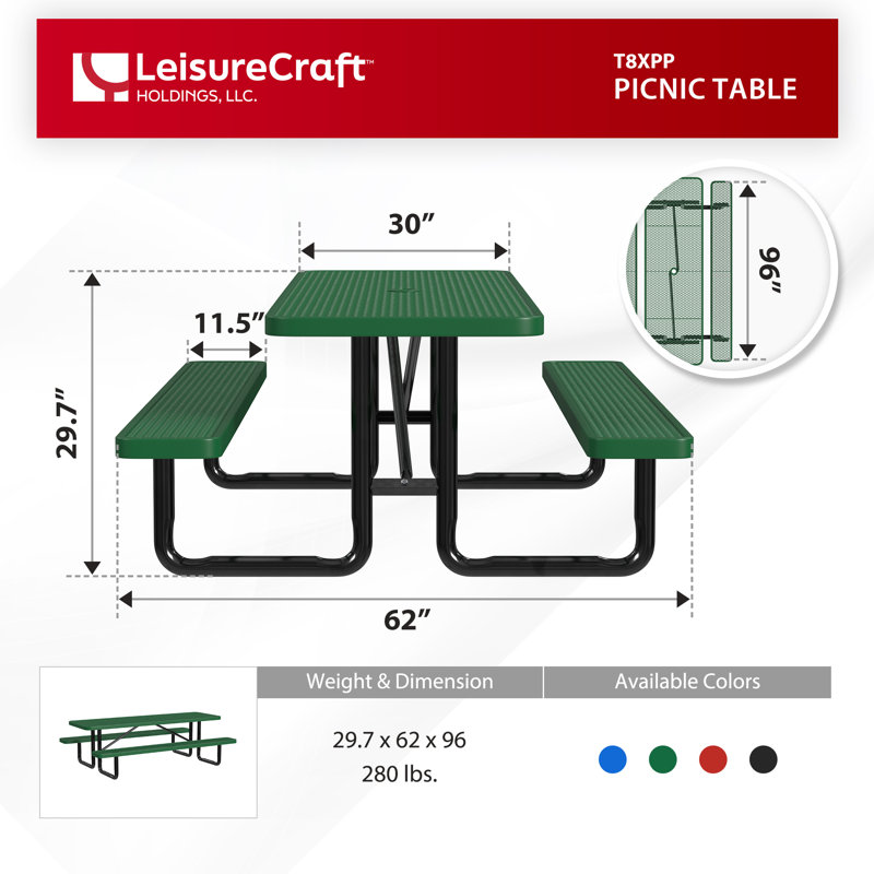 Leisure Craft Standard Outdoor Picnic Table, Green, 96" W