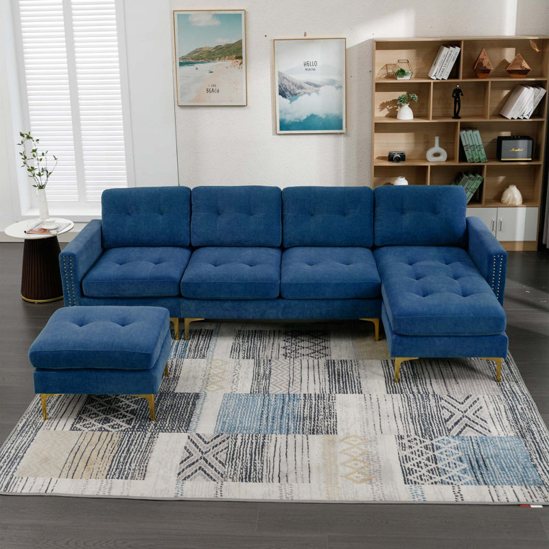 Canapé modulaire convertible en L 110 po avec repose-pieds mobile pour salon, appartement, bureau, Bleu