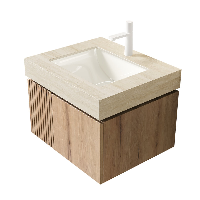 Meuble-lavabo et lavabo de luxe de 61 cm (24 po) pour salle de bain familiale moderne, meuble-lavabo suspendu de style milieu du siècle, meuble-lavabo en pierre frittée