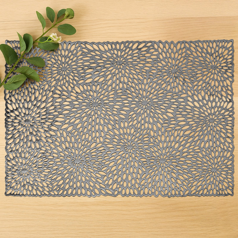 Durable Beige PVC Placemats Set of 6 Rectangle Heat Resistant Table Mats for Dining and Christmas Decor, Silver