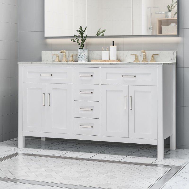Meuble-lavabo à double cuve 61 po avec plateau en marbre Matika, Blanc