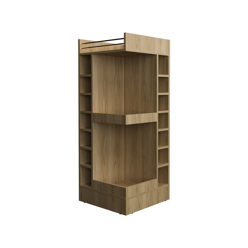 46" Tall Oak 3 Corner Bar Storage Unit - 14 Bottles & Stylish Design Modern Living Room Cabinet With Wine Bottle Efficient Idea