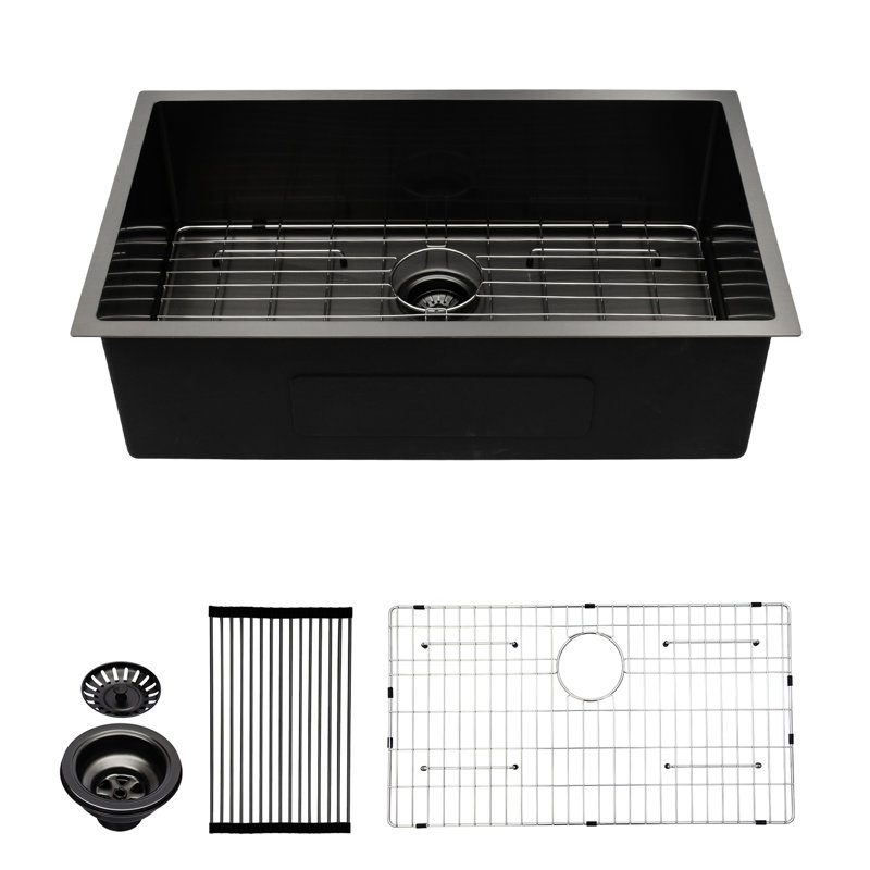 33"X19"X10" Gunmetal Black Basin, Stainless Steel, X-Shaped Water Flow For Easy Cleaning 16 Gauge Steel Sink, 33" Black, With Drying Rack Organization