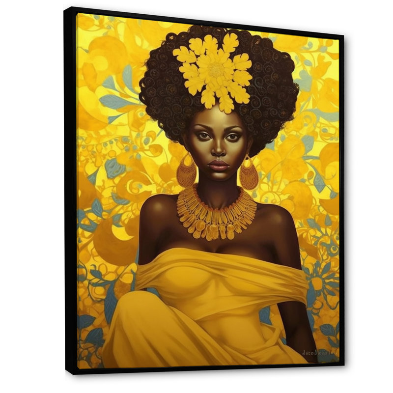 Orisha Oshun, déesse africaine en jaune I, H 40 po x l 30 po x P 1,5 po, Cadre flottant noir
