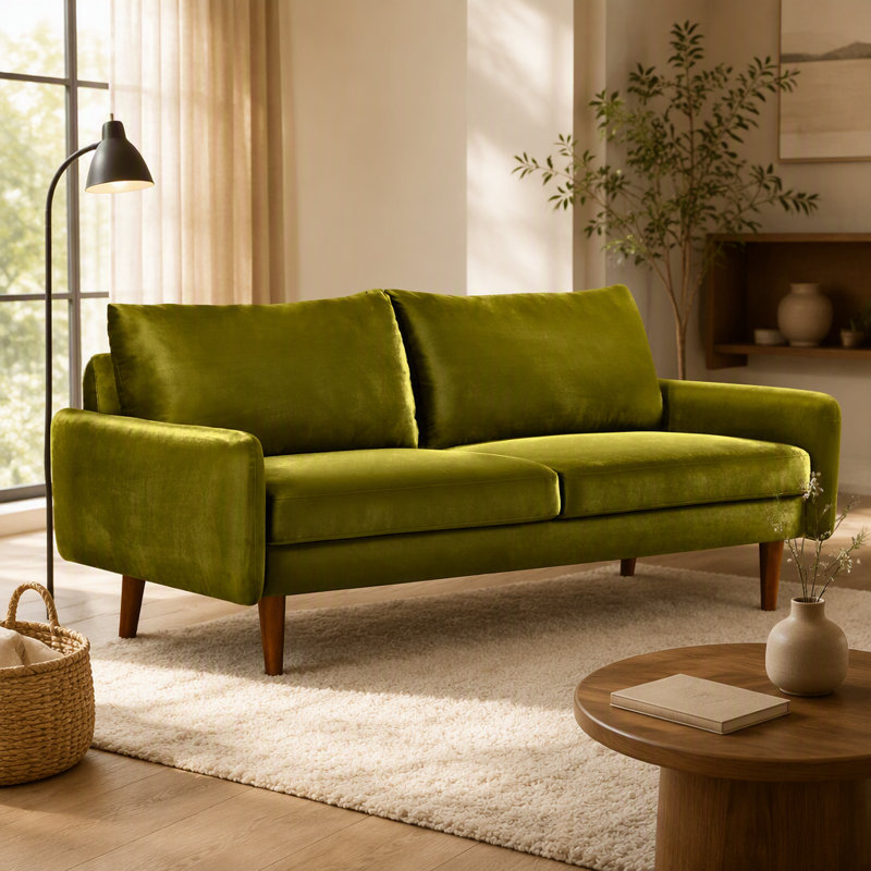 Canapé moderne en velours avec pieds fuselés en bois, Polyester vert olive