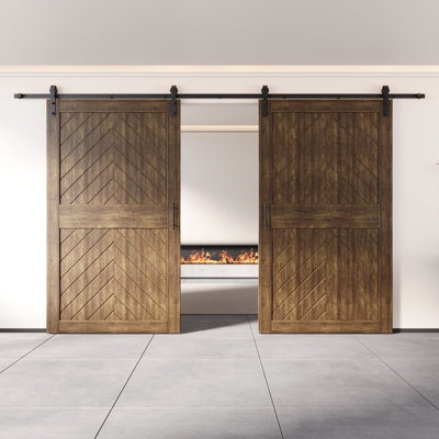 Noyer foncé Homacer 48 po x 84 po fini et non assemblé 4-en-1 Fishbone avec deux portes de grange avec quincaillerie d'installation sans dérivation, rail de 18 pi, utilisation intérieure seulement