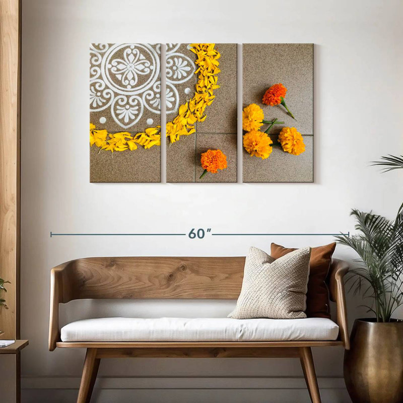 Adella Rangoli avec des soucis, H 28 po x l 45 po