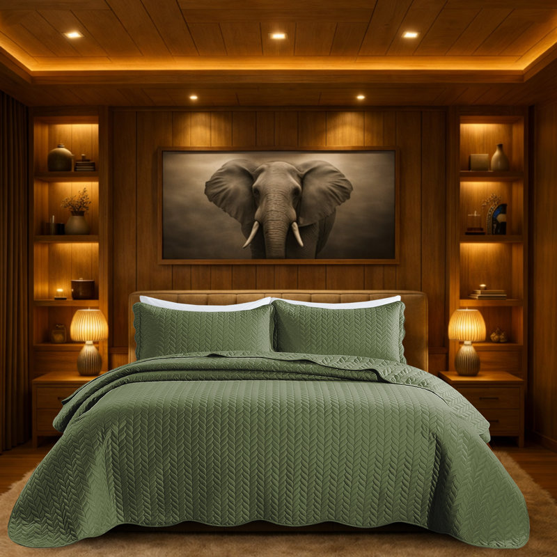 Microfiber Embossed Oversized Bedspread Set With Shams – Modern & Contemporary, Machine Washable, Dust-Resistant, Olive Green