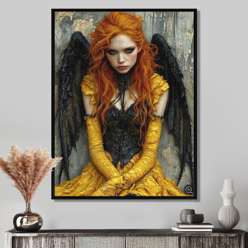 Art mural de salon gothique rousse Pixie Black Wings - ailes d'ange, Cadre flottant noir, H 20 po x l 12 po