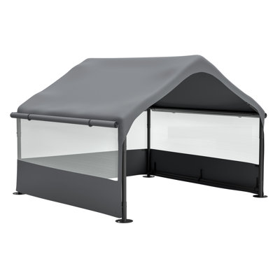 4 ft. x 4 ft. x 3.3 ft. Gray Outdoor Dog House Tent with 3-Sided Mesh Windows, Breathable Sun and Rain Cover, Pet Shelter with Canopy and Ground Stakes for Dogs, Cats, and Livestock