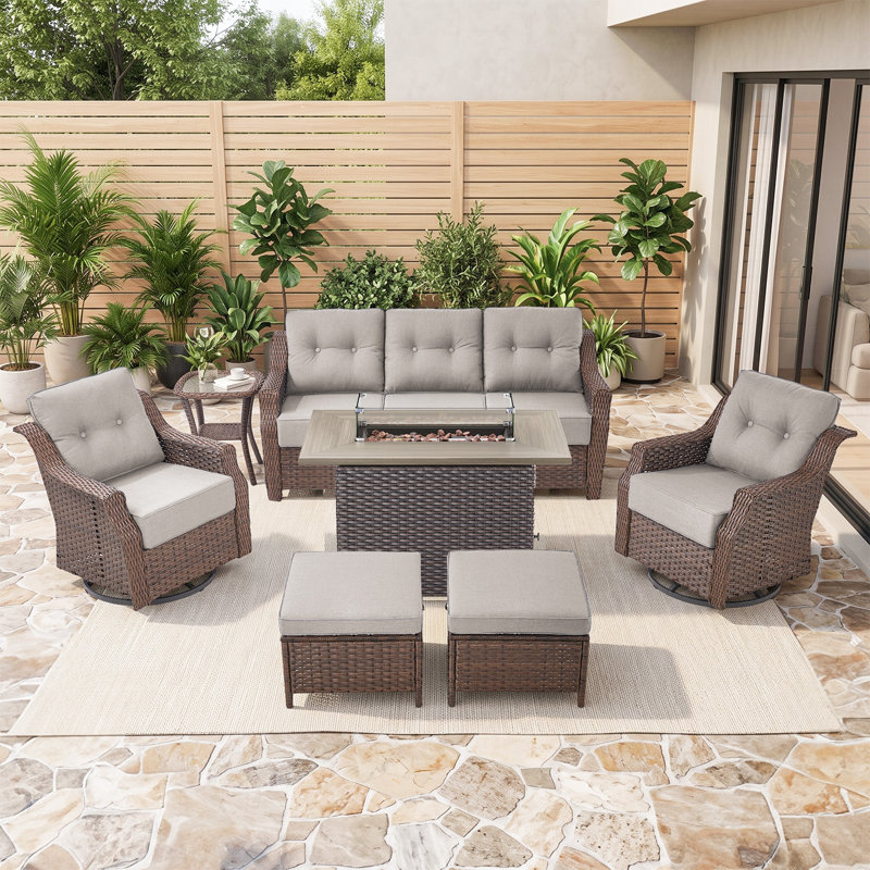 Elona 7-Piece All-Weather Outdoor Wicker Rectangle Fire Pit Conversation Set With Swivel Gliders, Ottomans And Side Table For Patio
