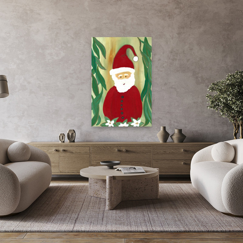 Festive Santa Folk Art Traditional Abstract Winter Flower Wall Art Print 1 Piece Wrapped Canvas Wall Art