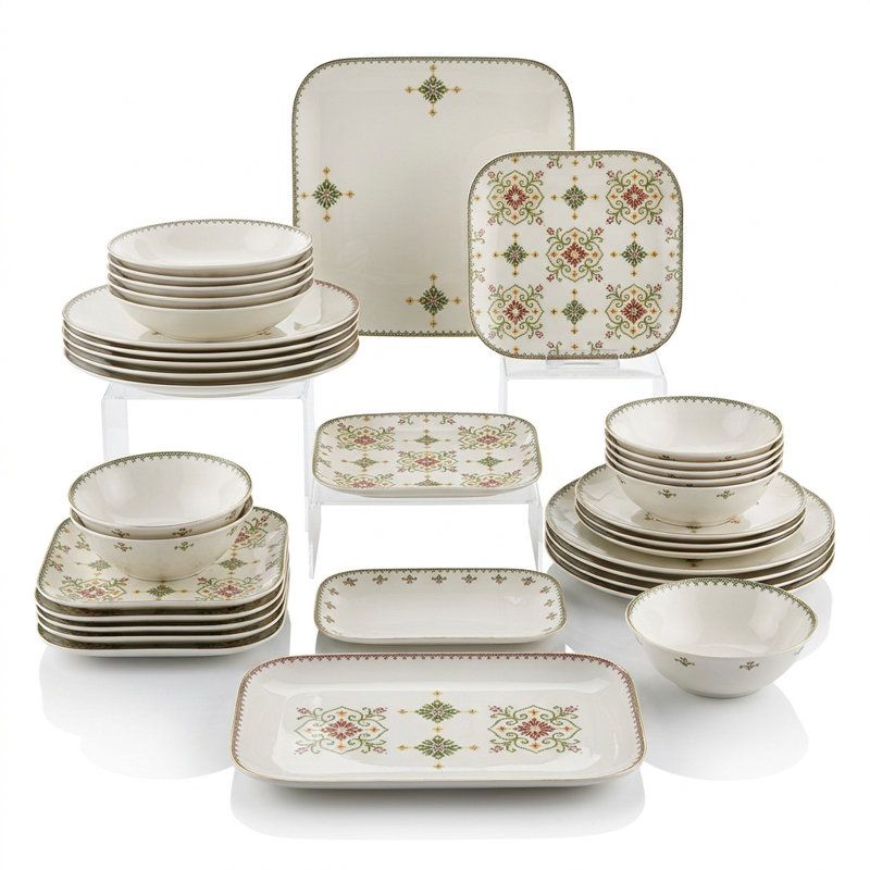 Service de table en porcelaine Folkloric Stitch Green and Gold (service de 26 pièces pour 6 personnes)